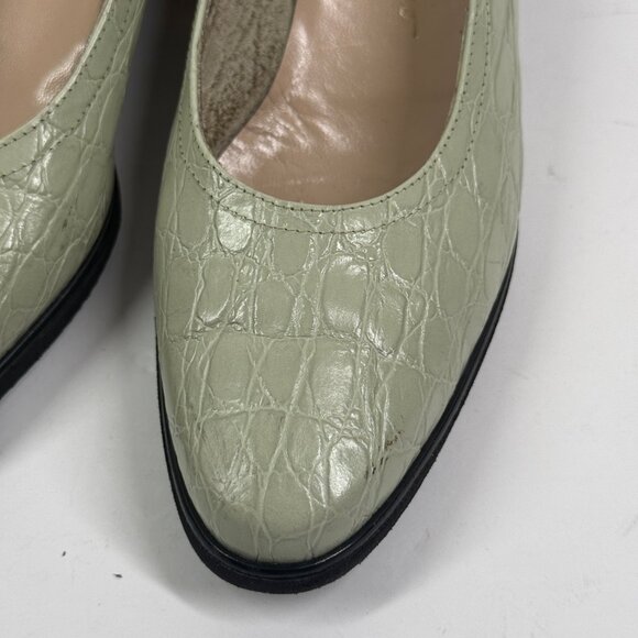 Vintage Salvatore Ferragamo Wedge Pumps Croc Embossed Leather Nile Green Sz 8.5 - Picture 8 of 16